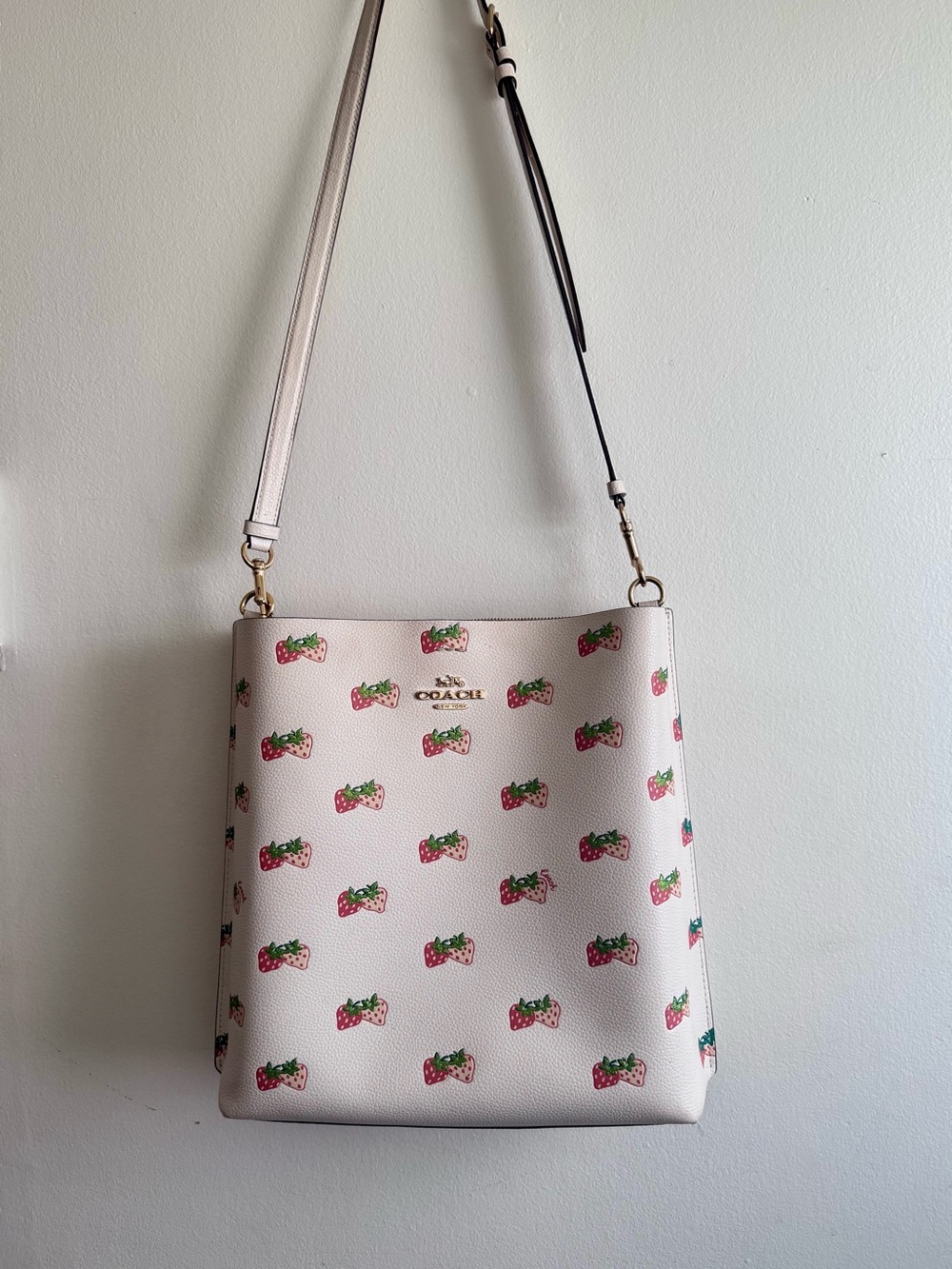 Coach White Crossbody Bag with Pink & Green Strawberry Print - Mollie Bucket
